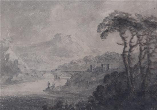 Reverend William Gilpin (1724-1804) Mountainous river scene with bridge, 7 x 10in.